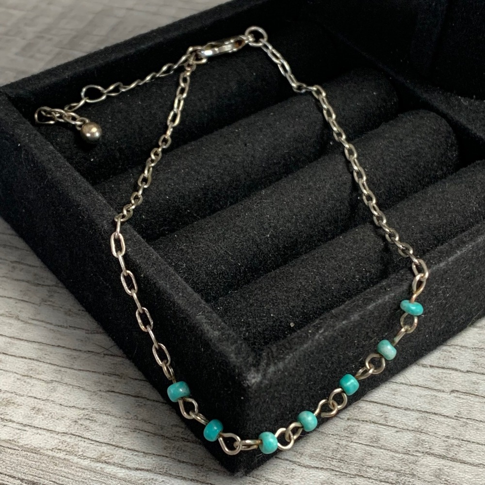 Silver Tone Turquoise Bead Cable Chain Necklace Adjustable 9-10 Inch 5207